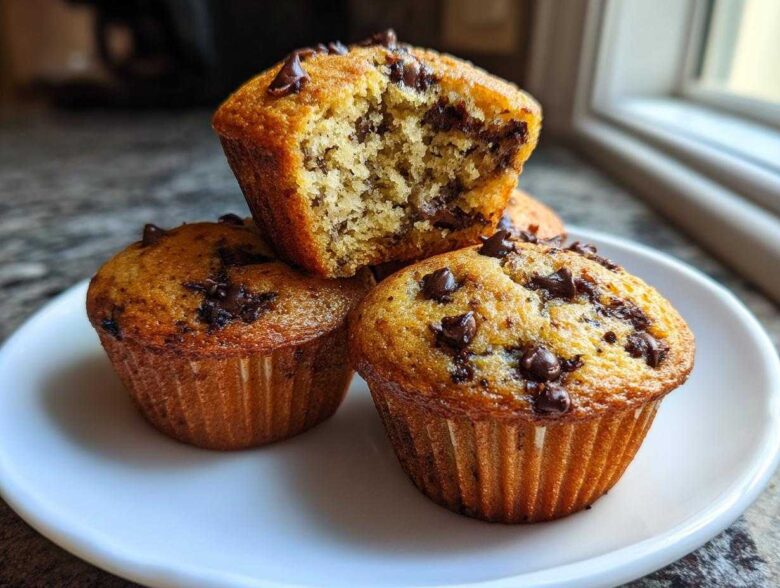 A stack of three golden brown Chocolate Chip Banana Muffins, one broken open to show the moist interior.