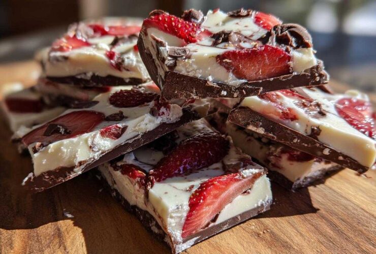Stack of rich Chocolate Covered Strawberry Bark pieces featuring dark chocolate, white chocolate, and fresh strawberry slices.