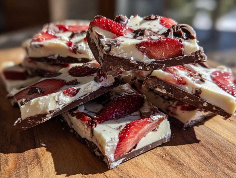 Stack of rich Chocolate Covered Strawberry Bark pieces featuring dark chocolate, white chocolate, and fresh strawberry slices.