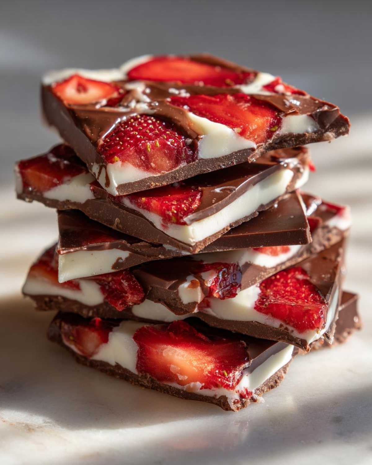 A stack of broken pieces of Chocolate Covered Strawberry Bark featuring dark chocolate, white chocolate, and bright red strawberry slices.