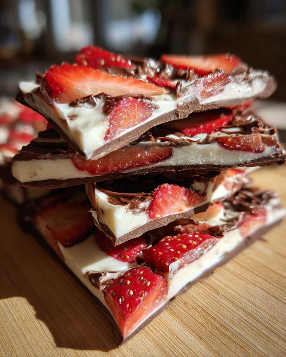 A stack of broken pieces of Chocolate Covered Strawberry Bark showing layers of dark chocolate, white filling, and fresh strawberry slices.