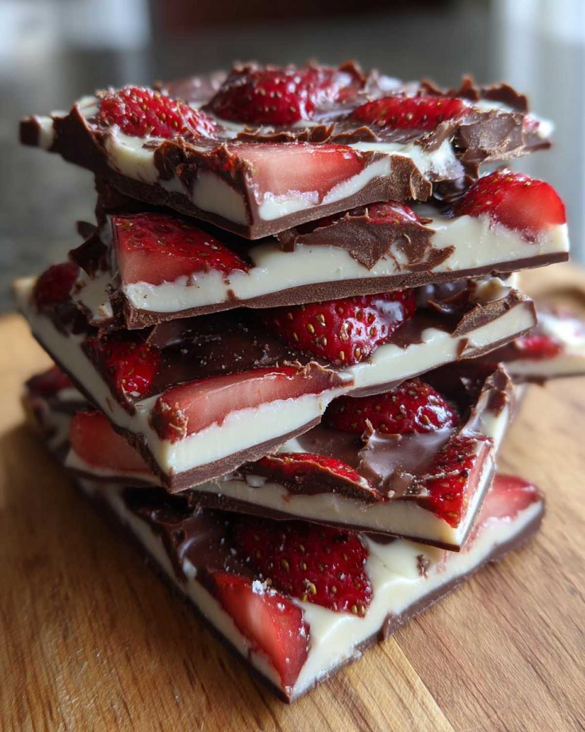 A stack of broken pieces of Chocolate Covered Strawberry Bark featuring dark chocolate, white chocolate, and fresh strawberry slices.