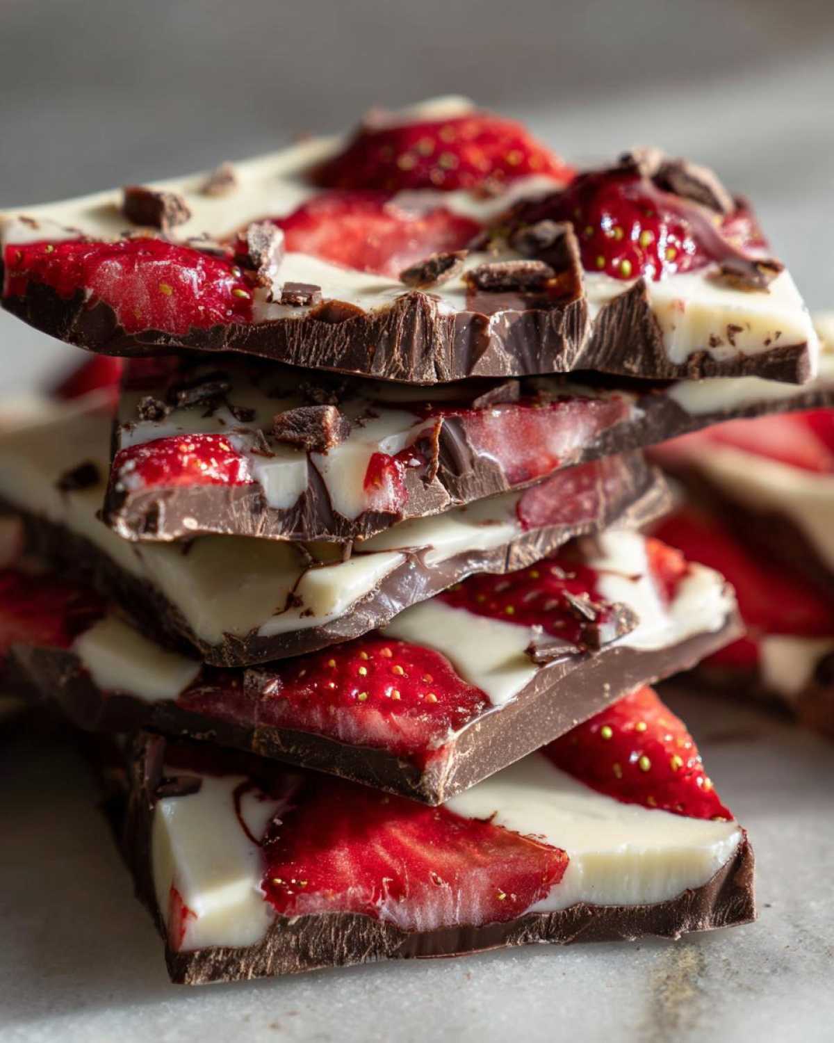 A stack of broken pieces of Chocolate Covered Strawberry Bark featuring dark chocolate, white chocolate, and fresh strawberry slices.