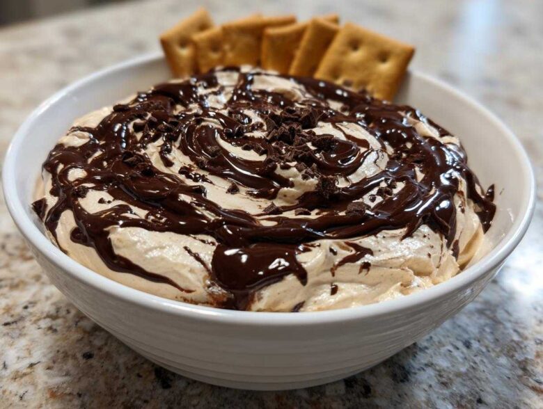 A white bowl filled with creamy Chocolate Peanut Butter Cheesecake Dip, drizzled with fudge and topped with chocolate shavings, served with crackers.