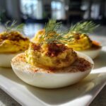Close-up of Classic Deviled Eggs with Dill Pickle Relish, topped with paprika and fresh dill.