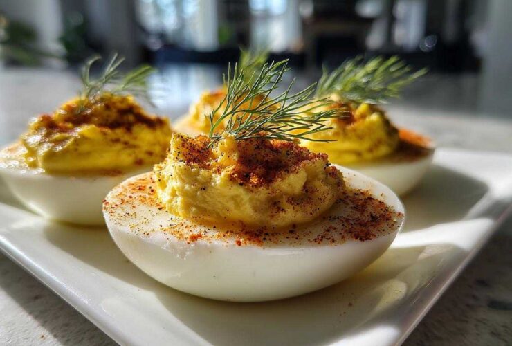 Close-up of Classic Deviled Eggs with Dill Pickle Relish, topped with paprika and fresh dill.