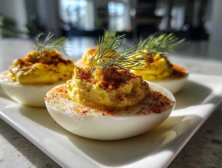 Close-up of Classic Deviled Eggs with Dill Pickle Relish, topped with paprika and fresh dill.
