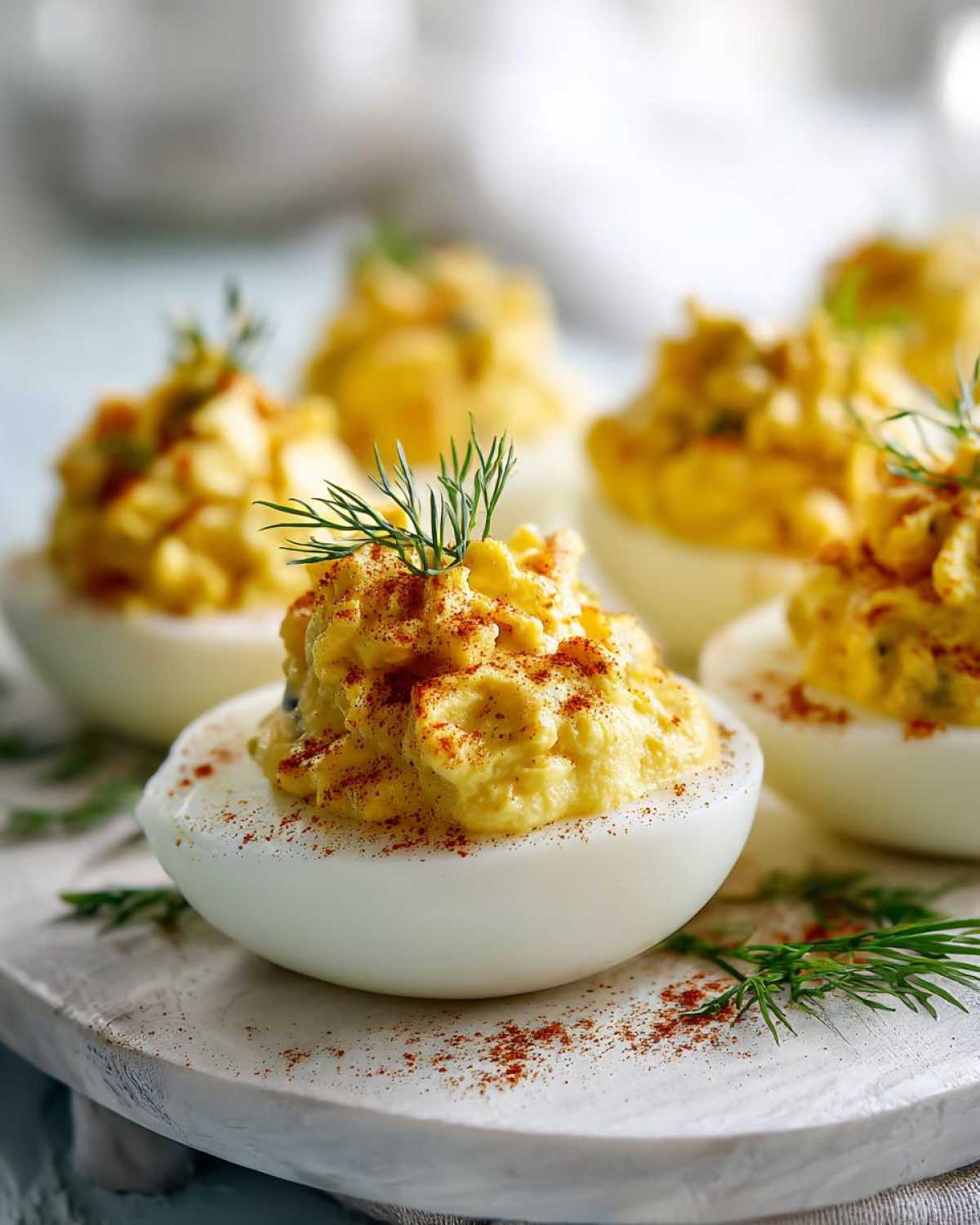 Close-up of Classic Deviled Eggs with Dill Pickle Relish, garnished with fresh dill and paprika.