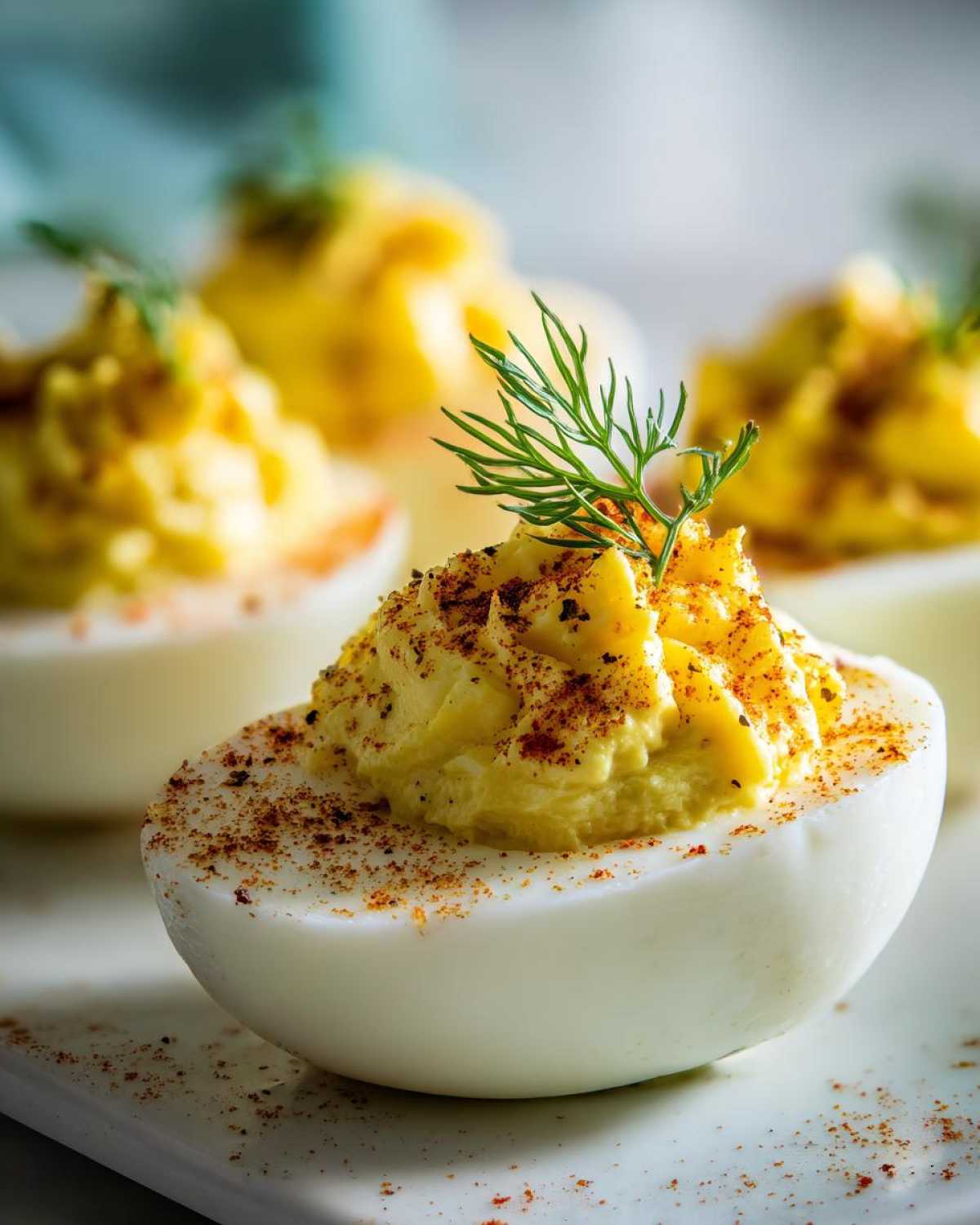 A close-up of one half of Classic Deviled Eggs with Dill Pickle Relish, topped with paprika and a fresh dill sprig.