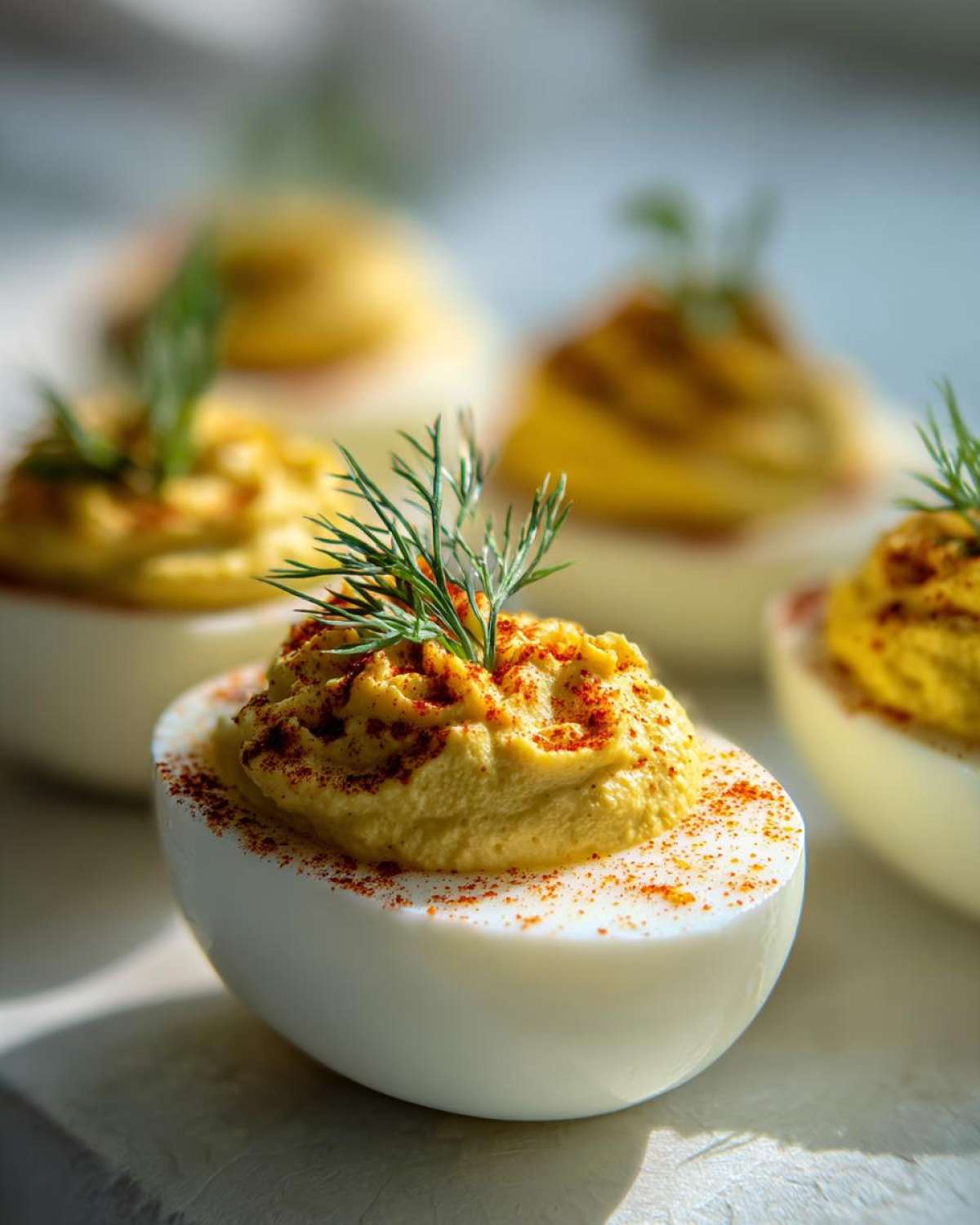 A close-up of a perfectly piped Classic Deviled Eggs with Dill Pickle Relish, garnished with paprika and fresh dill.