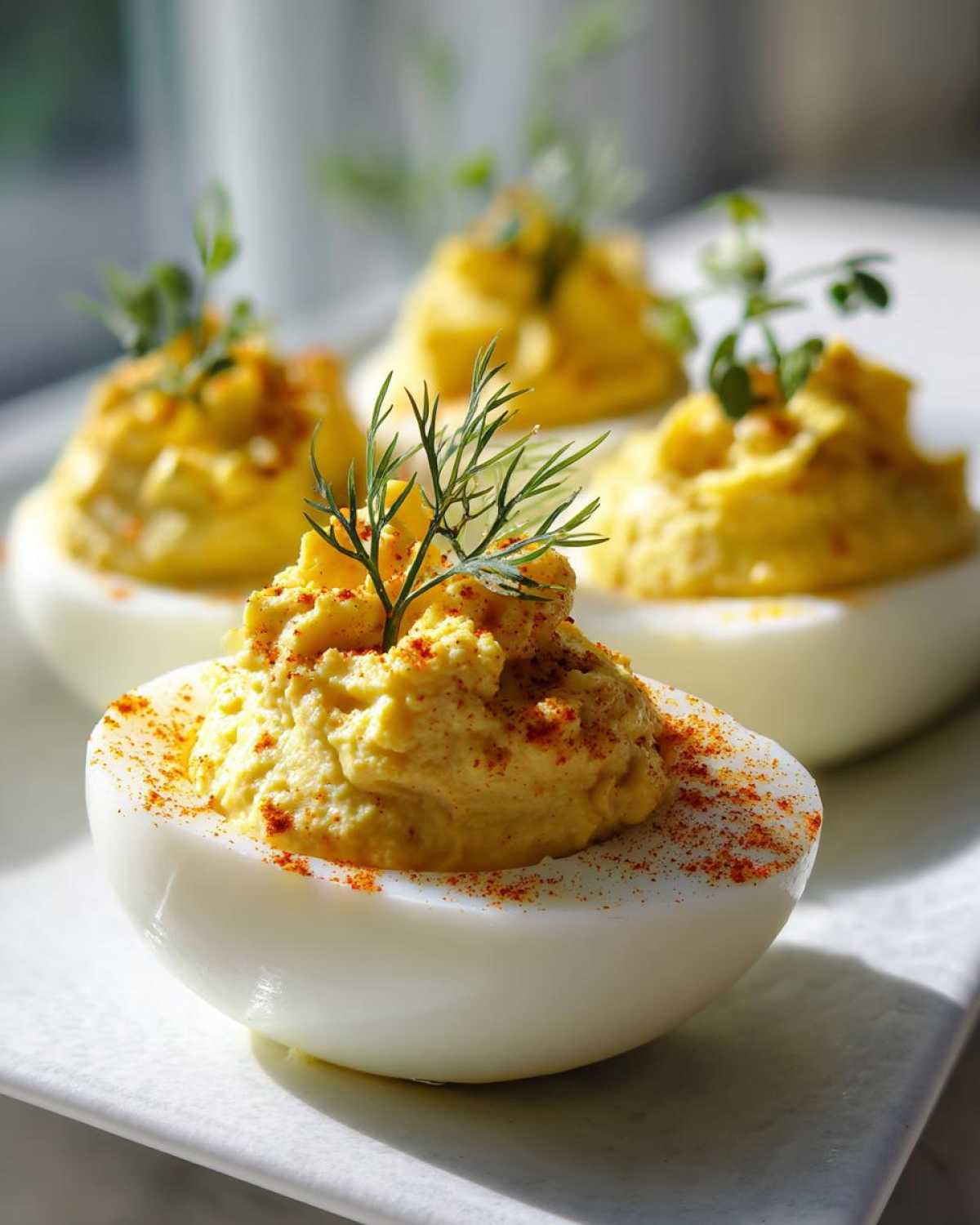 Close-up of Classic Deviled Eggs with Dill Pickle Relish, garnished with dill and paprika.