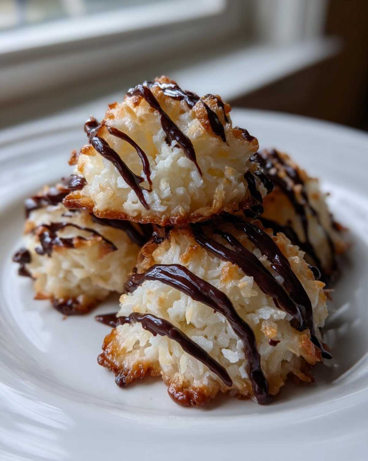 A stack of three golden-brown Coconut Macaroons with Dark Chocolate Drizzle on a white plate.