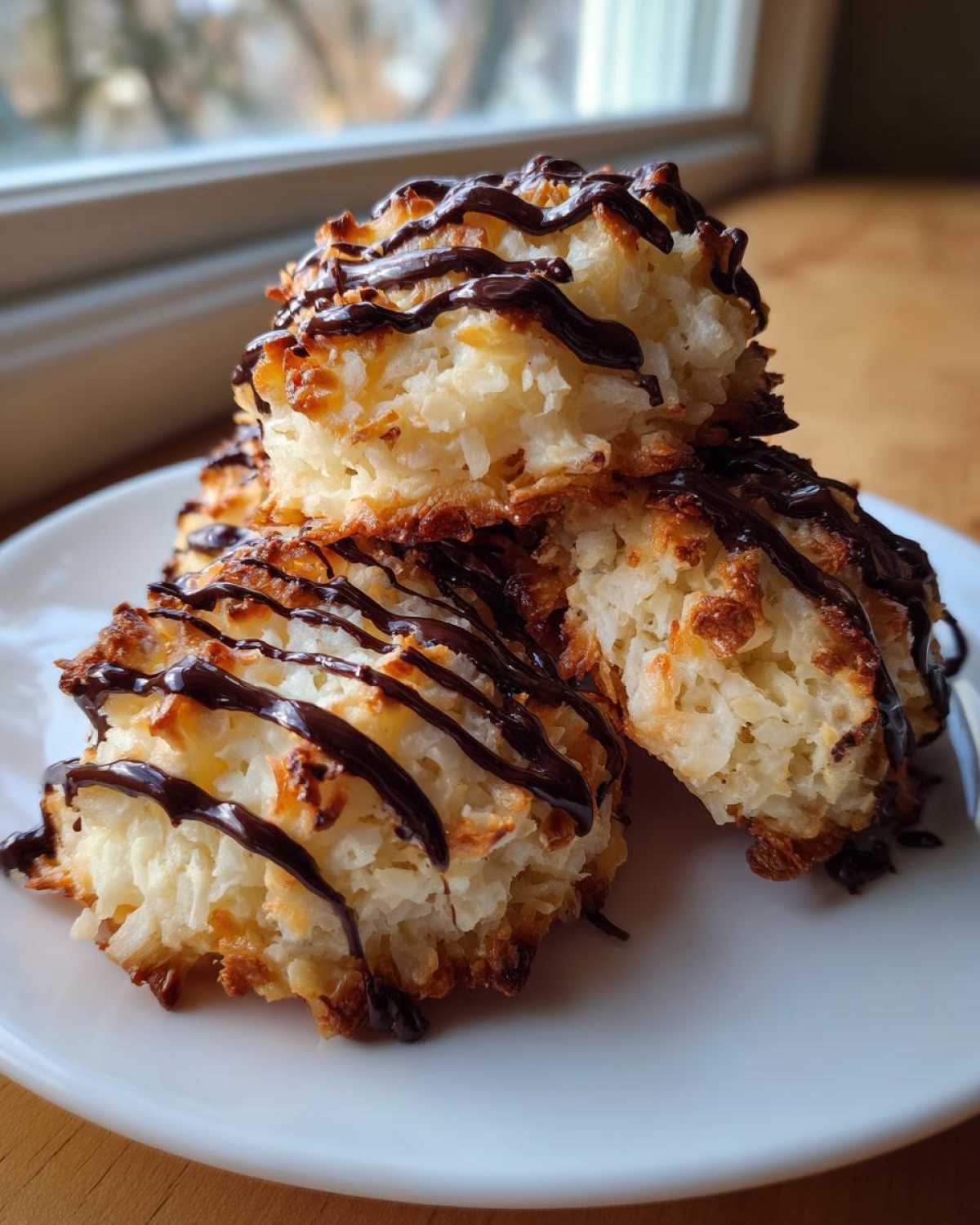 Three golden-brown Coconut Macaroons with Dark Chocolate Drizzle stacked on a white plate.