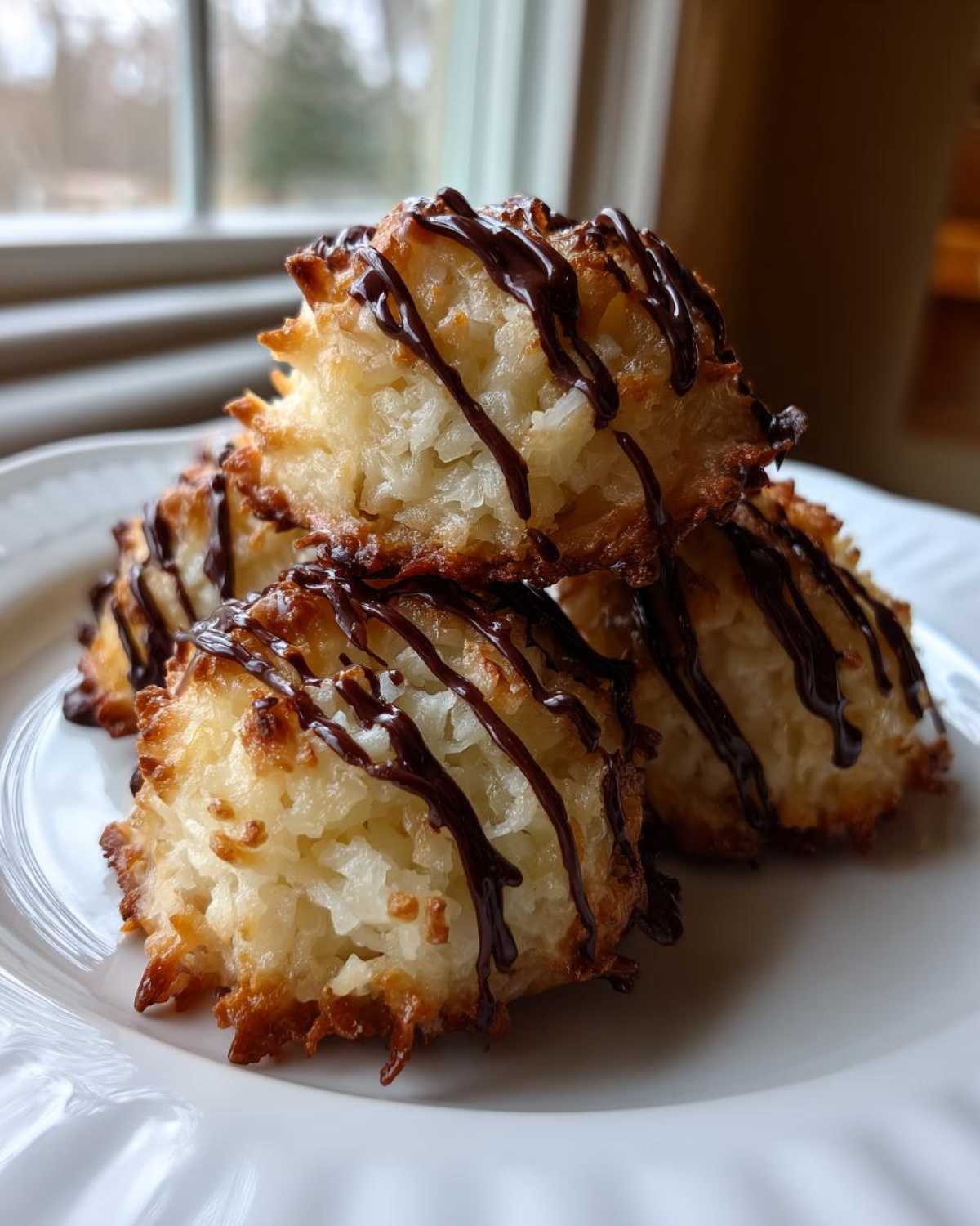 A stack of four golden Coconut Macaroons with Dark Chocolate Drizzle on a white plate.