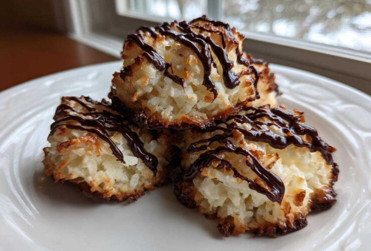Three golden-brown Coconut Macaroons with Dark Chocolate Drizzle stacked on a white plate.