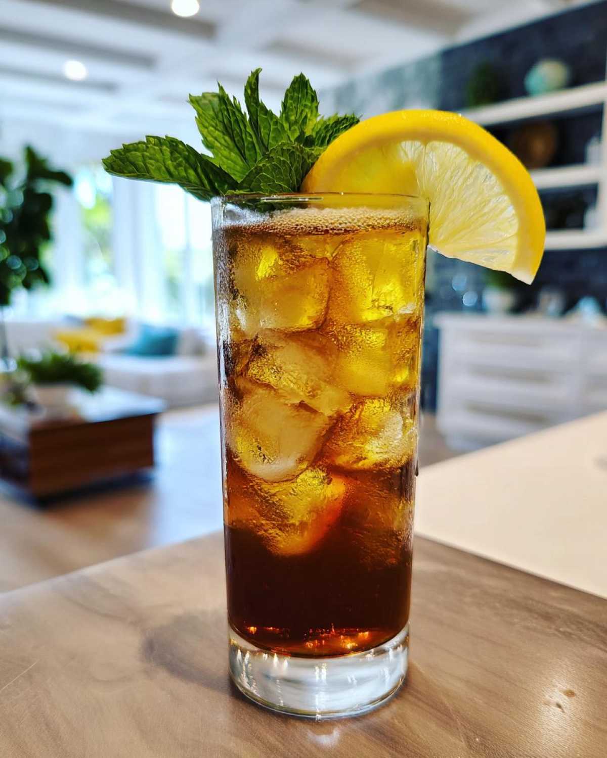 Tall glass filled with ice and rich brown Cold Brew Lemonade, garnished with fresh mint and a lemon slice.