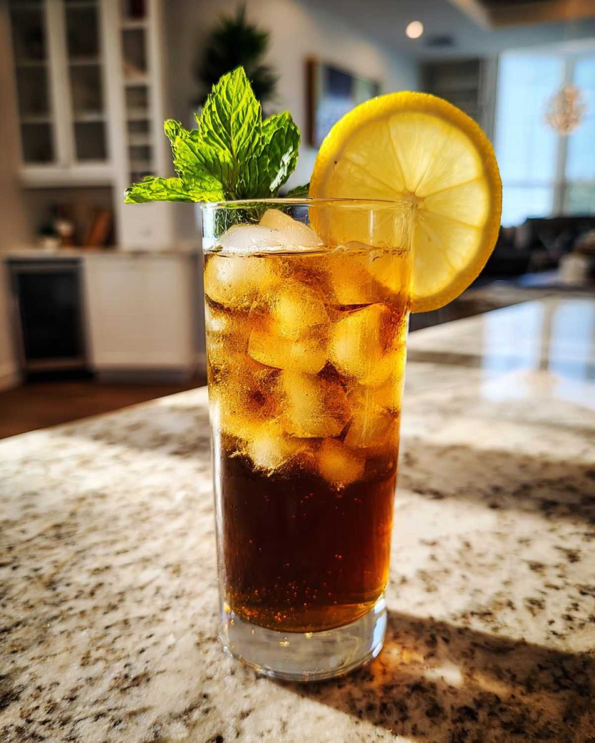 Tall glass filled with ice cubes and dark Cold Brew Lemonade, garnished with mint and a lemon slice.