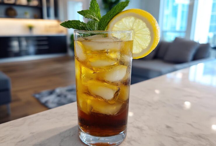 A tall glass filled with ice, dark brown Cold Brew Lemonade, garnished with a lemon slice and mint sprig.