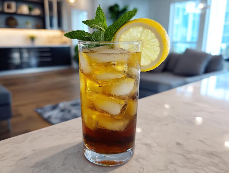 A tall glass filled with ice, dark brown Cold Brew Lemonade, garnished with a lemon slice and mint sprig.