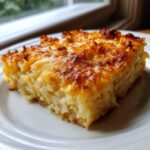 A close-up of a square slice of Copycat Cracker Barrel Hashbrown Casserole with a golden, crispy cheese topping.