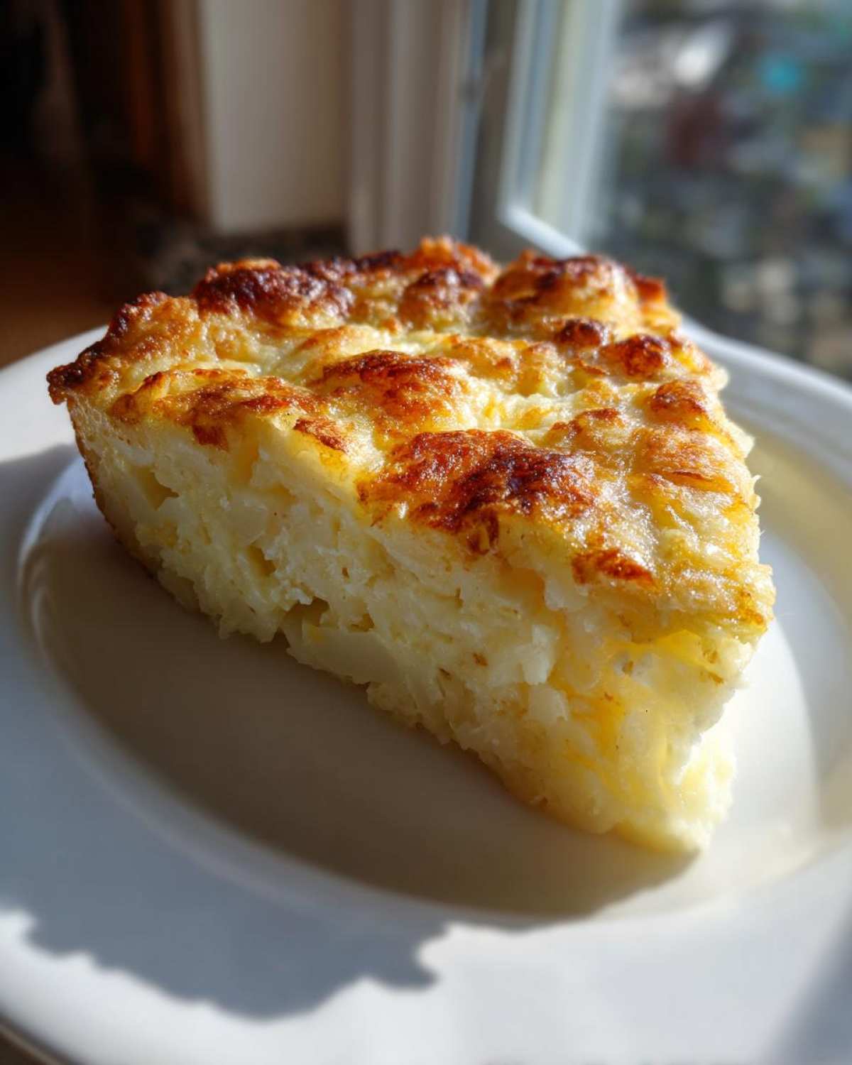 A golden-brown slice of Copycat Cracker Barrel Hashbrown Casserole served on a white plate.