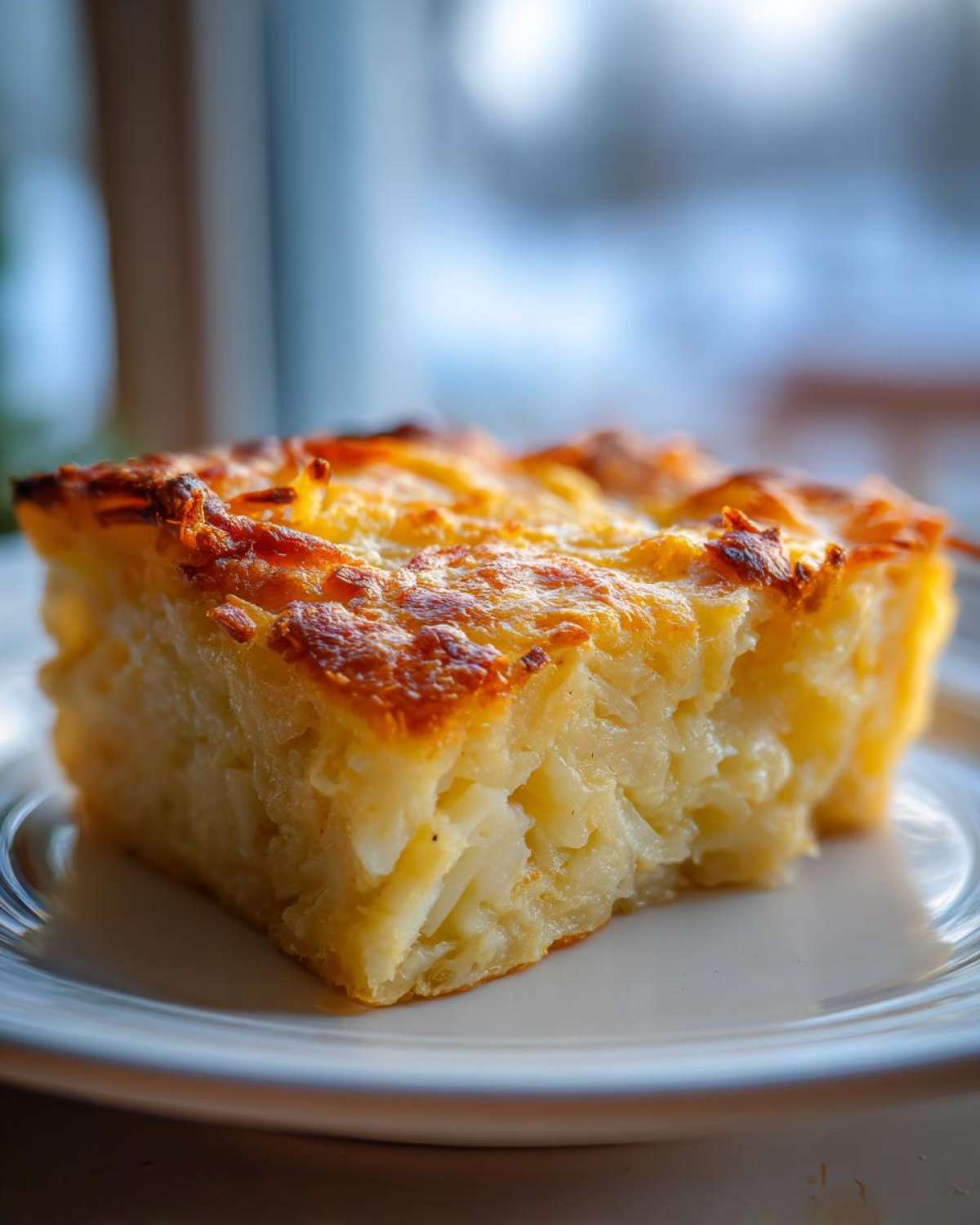A square serving of creamy Copycat Cracker Barrel Hashbrown Casserole with a golden, cheesy crust.
