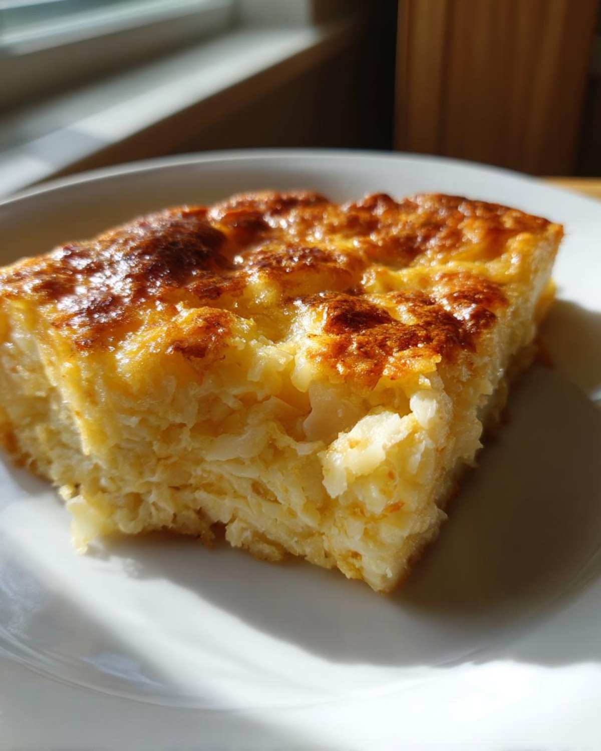 A close-up slice of golden-brown Copycat Cracker Barrel Hashbrown Casserole on a white plate.