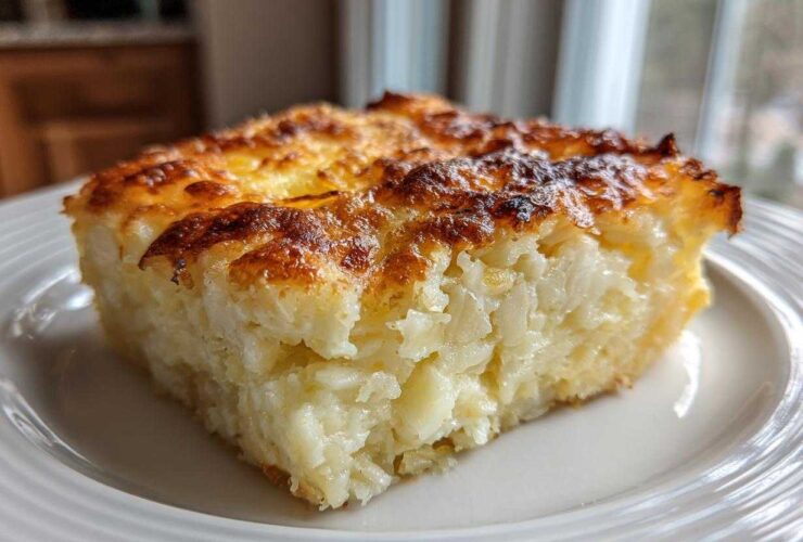A close-up of a square serving of Copycat Cracker Barrel Hashbrown Casserole with a golden-brown, cheesy top.