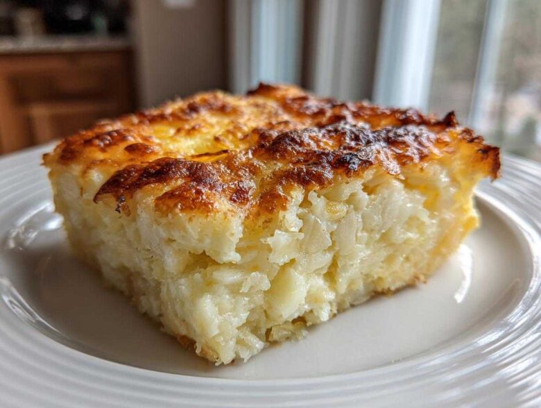 A close-up of a square serving of Copycat Cracker Barrel Hashbrown Casserole with a golden-brown, cheesy top.