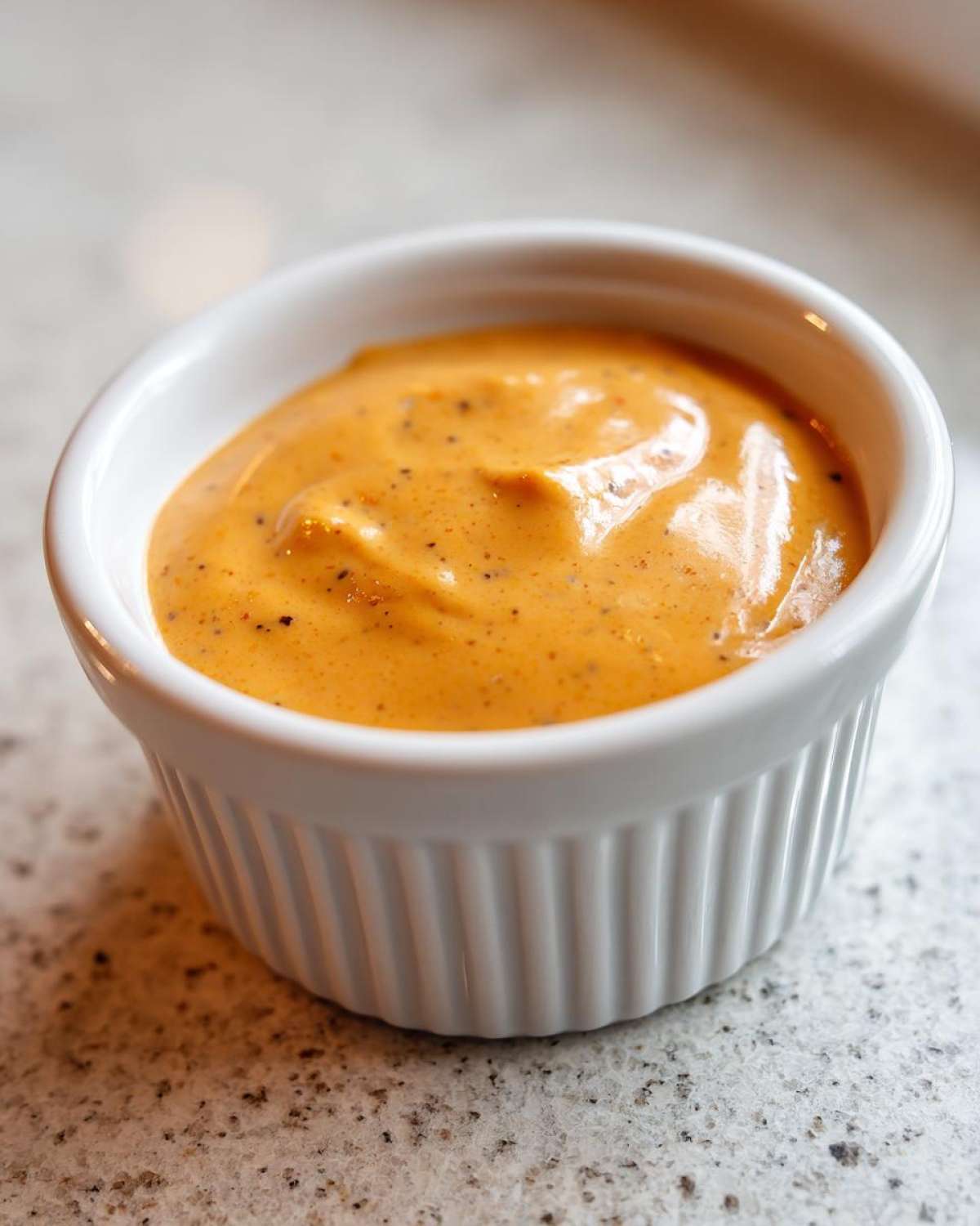 A close-up shot of creamy, orange-hued Copycat Raising Cane’s Sauce speckled with pepper in a small white ramekin.