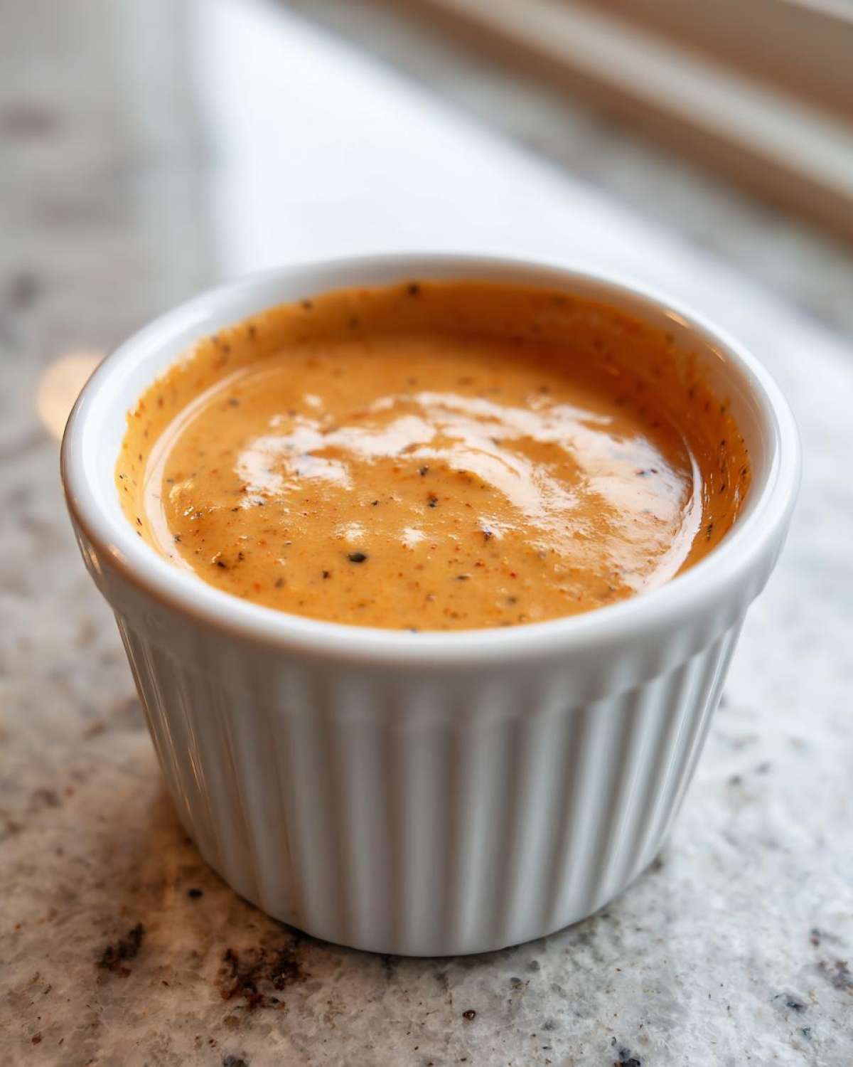 A close-up of thick, orange-colored Copycat Raising Cane’s Sauce speckled with spices in a white fluted ramekin.