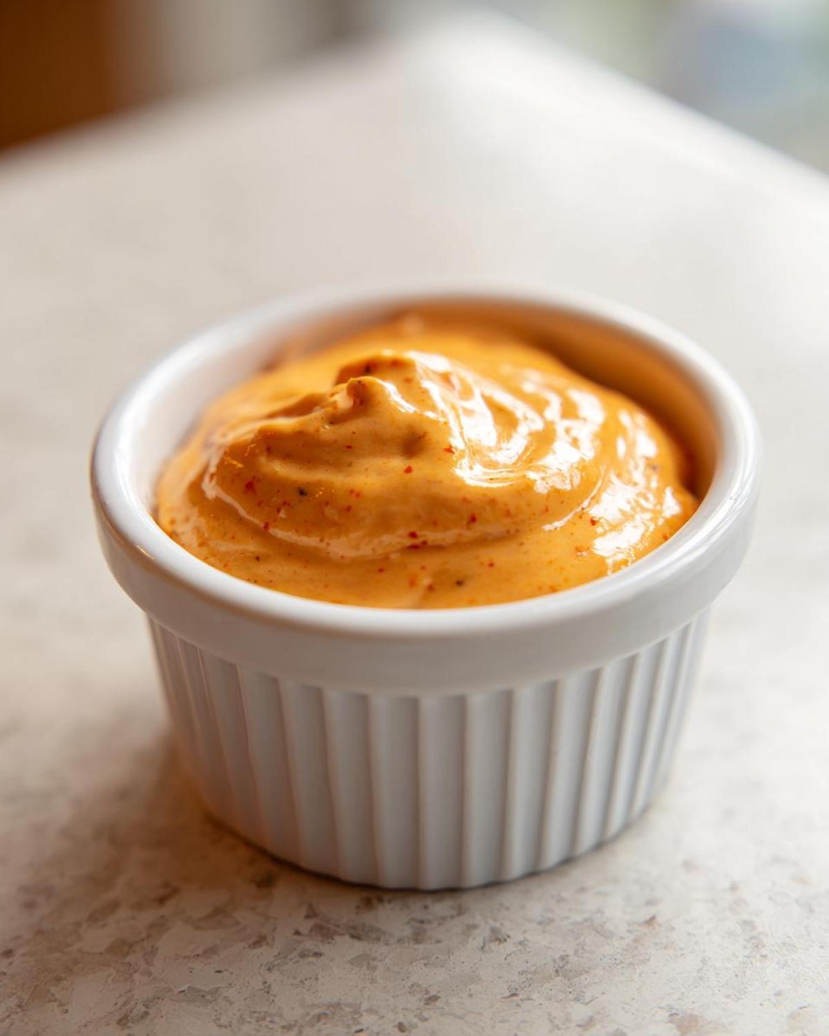 Close-up of thick, orange Copycat Raising Cane’s Sauce served in a small white fluted ramekin.