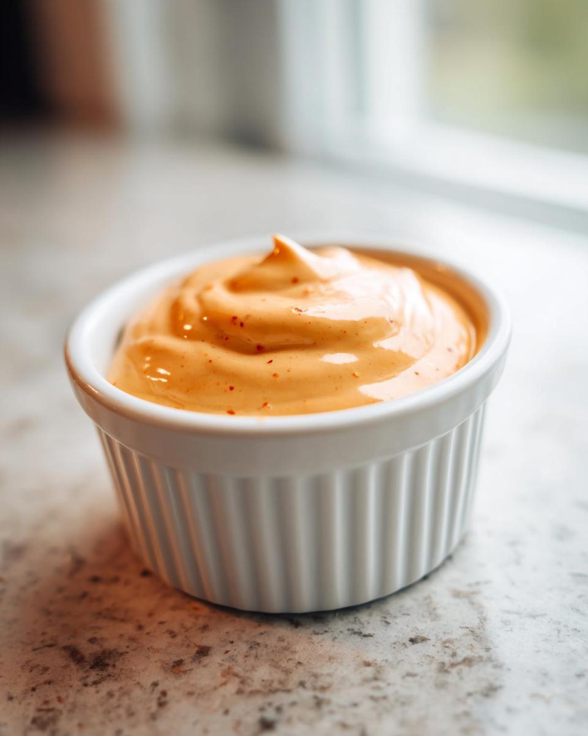 Close-up of creamy, orange-hued Copycat Raising Cane’s Sauce in a white fluted ramekin.