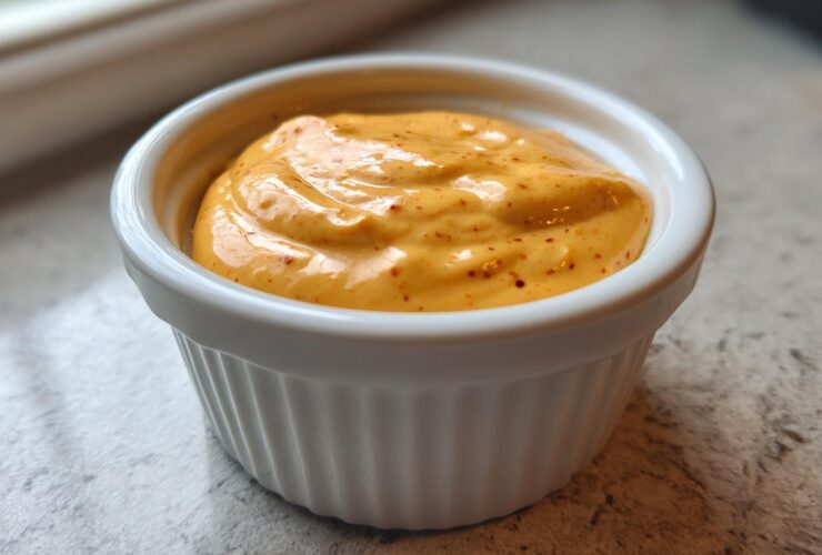 A close-up of thick, orange-yellow Copycat Raising Cane’s Sauce speckled with red spices in a small white ramekin.