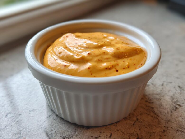 A close-up of thick, orange-yellow Copycat Raising Cane’s Sauce speckled with red spices in a small white ramekin.