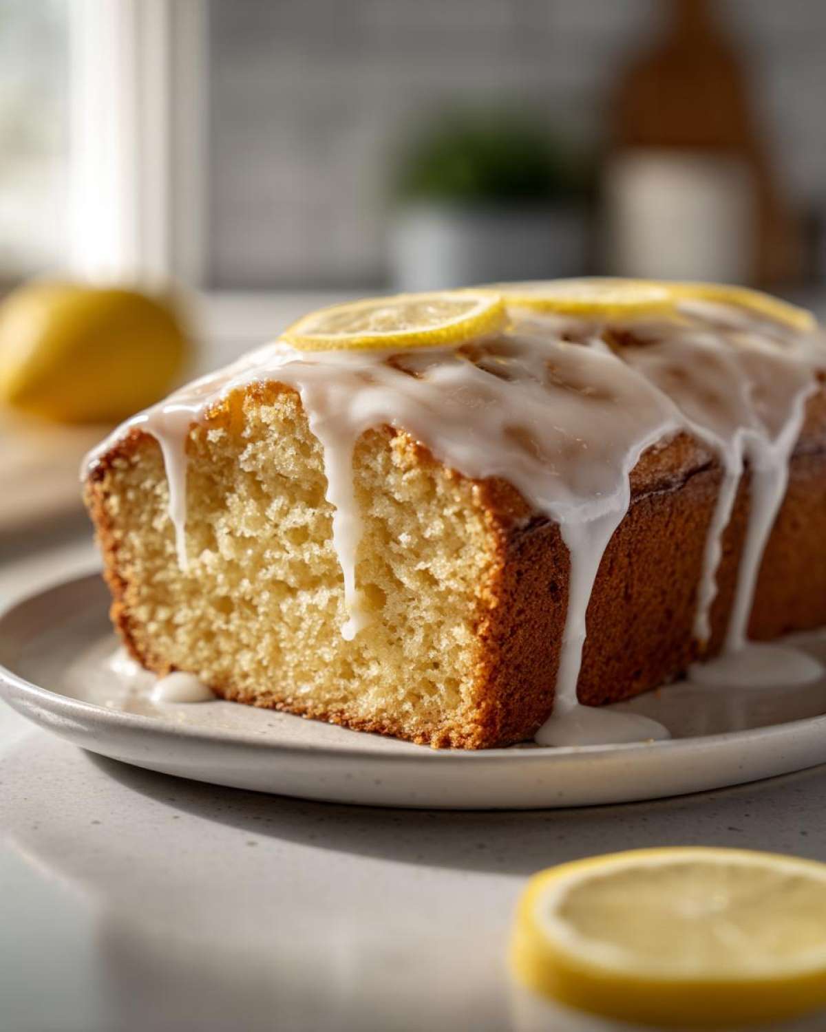 A close-up of a freshly baked Copycat Starbucks Iced Lemon Loaf drizzled with white glaze and topped with lemon slices.
