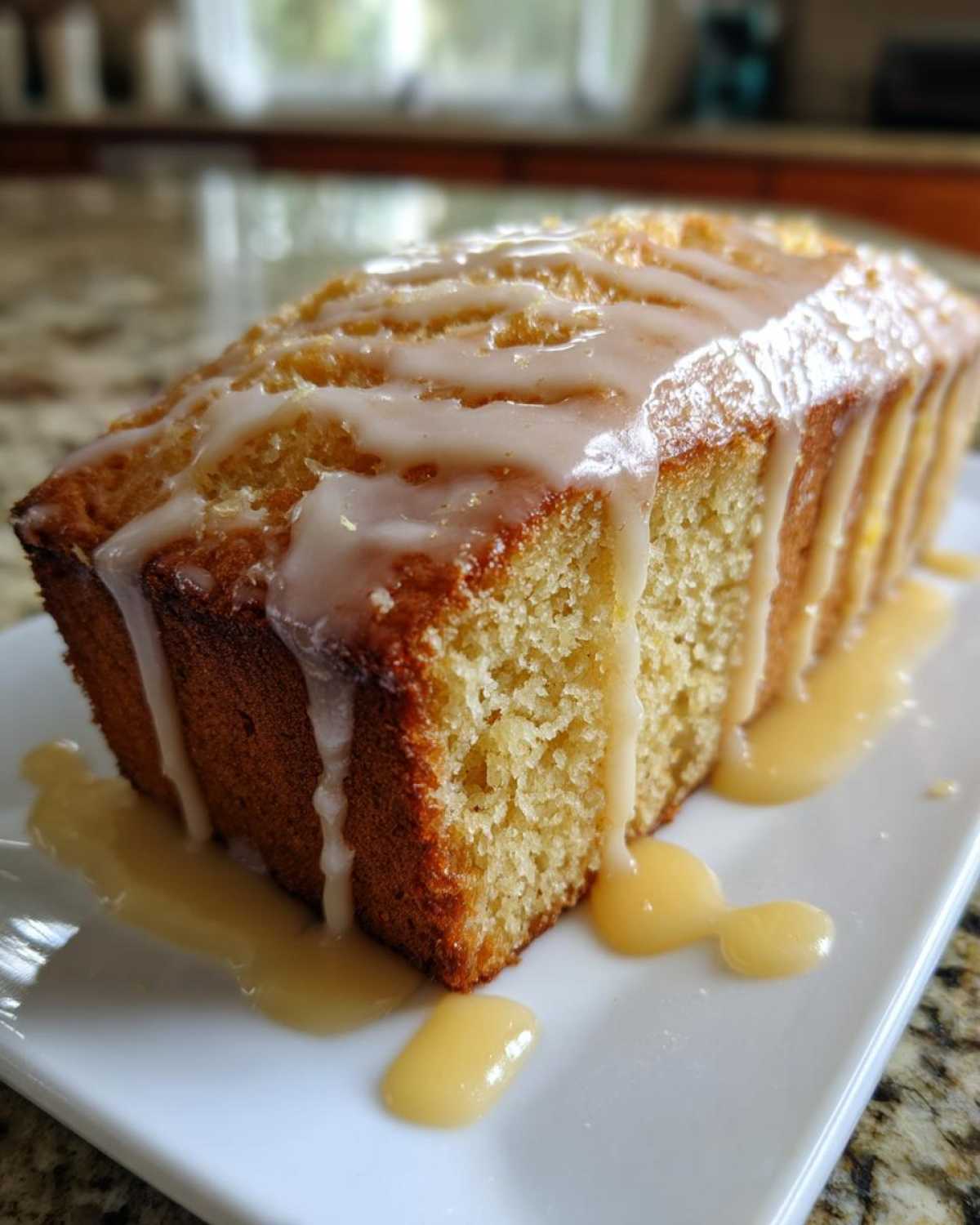 A loaf of Copycat Starbucks Iced Lemon Loaf drizzled heavily with thick lemon glaze.