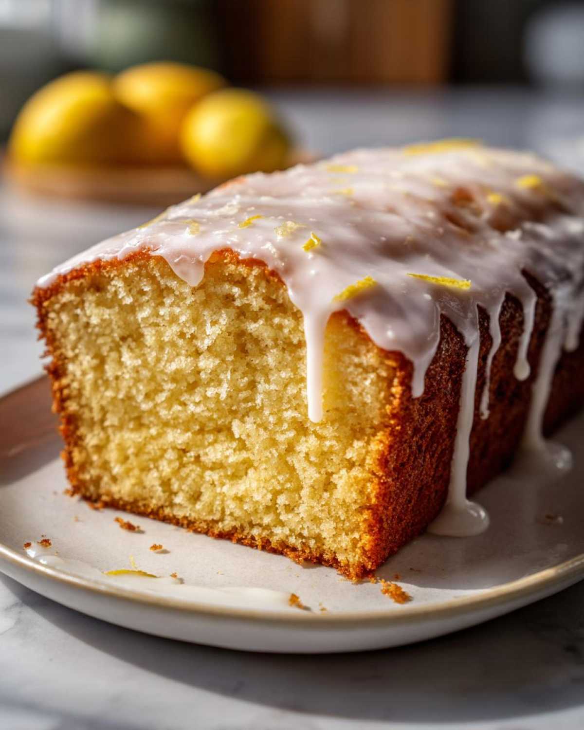 Close-up of a moist slice of Copycat Starbucks Iced Lemon Loaf with thick white glaze dripping down the side.