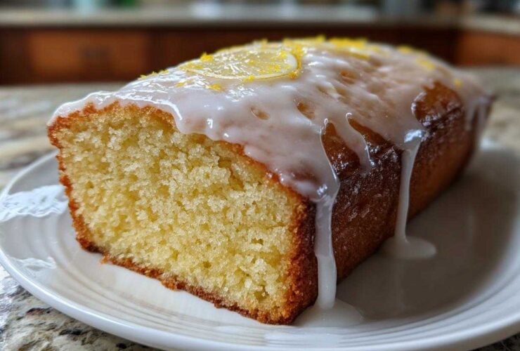 A moist slice of Copycat Starbucks Iced Lemon Loaf, topped with thick white glaze and lemon zest.