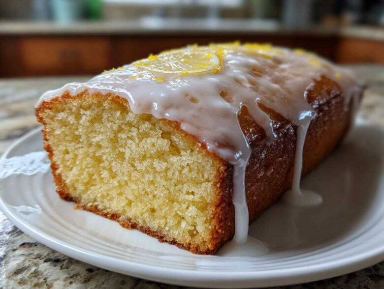 A moist slice of Copycat Starbucks Iced Lemon Loaf, topped with thick white glaze and lemon zest.