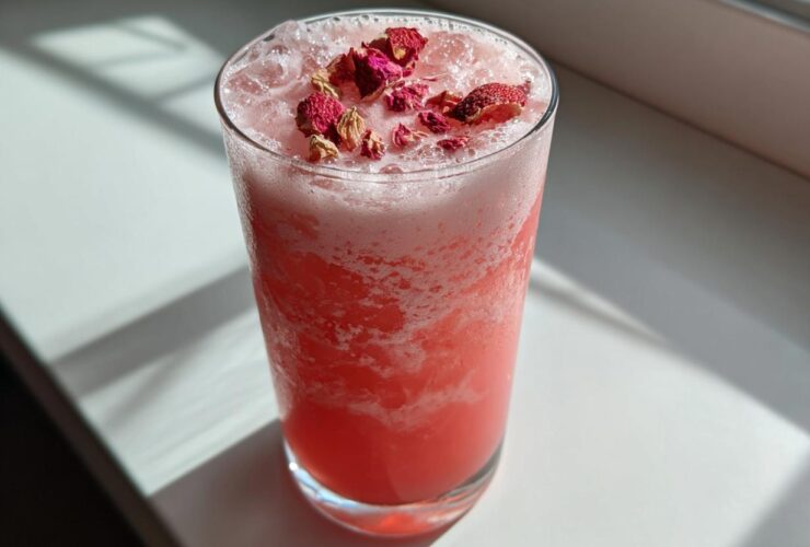 A tall glass filled with a vibrant pink drink, ice, foam, and topped with dried strawberry pieces, resembling a Copycat Starbucks Pink Drink.