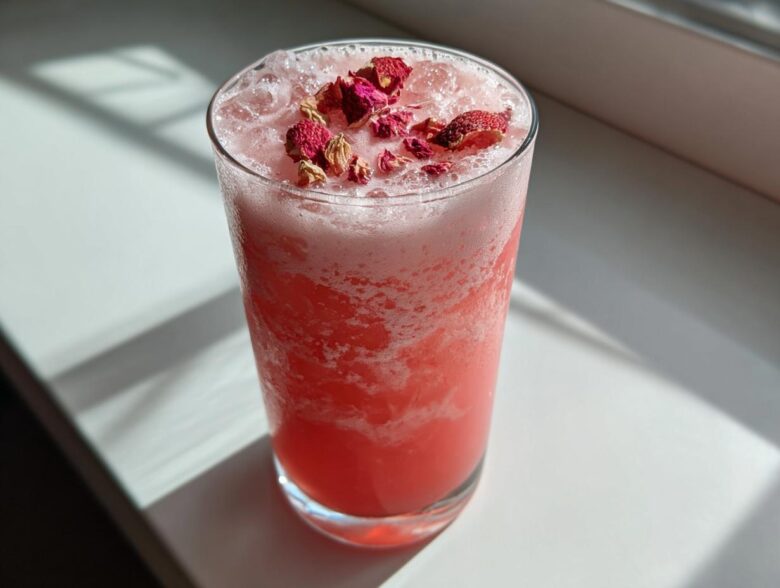 A tall glass filled with a vibrant pink drink, ice, foam, and topped with dried strawberry pieces, resembling a Copycat Starbucks Pink Drink.