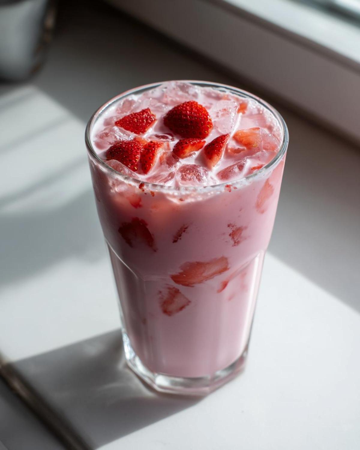 A tall glass filled with a pink, creamy Copycat Starbucks Pink Drink, topped with ice and fresh strawberry pieces.