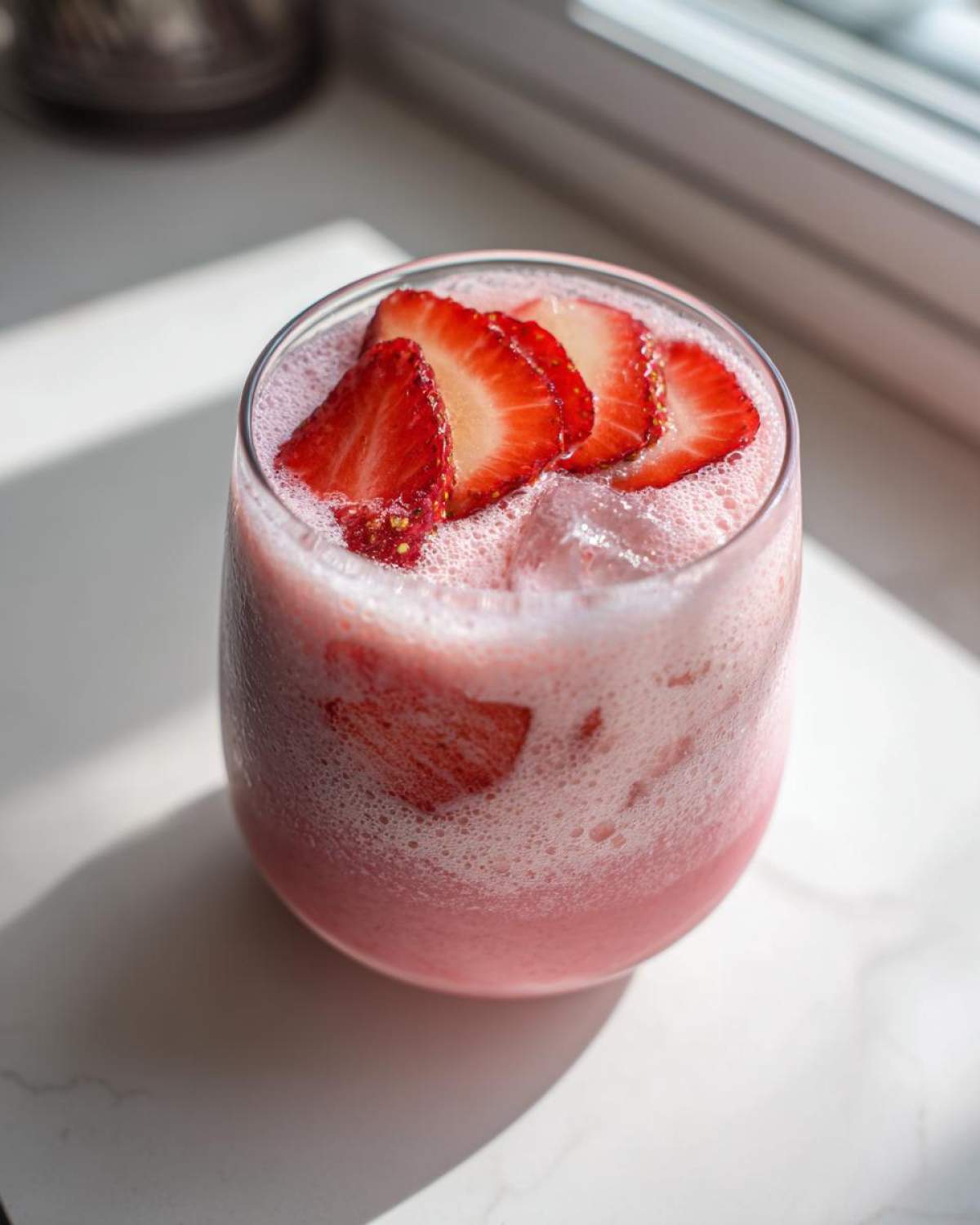 Close-up of a tall glass filled with a frothy, pink beverage, garnished with sliced strawberries, representing the Copycat Starbucks Pink Drink.