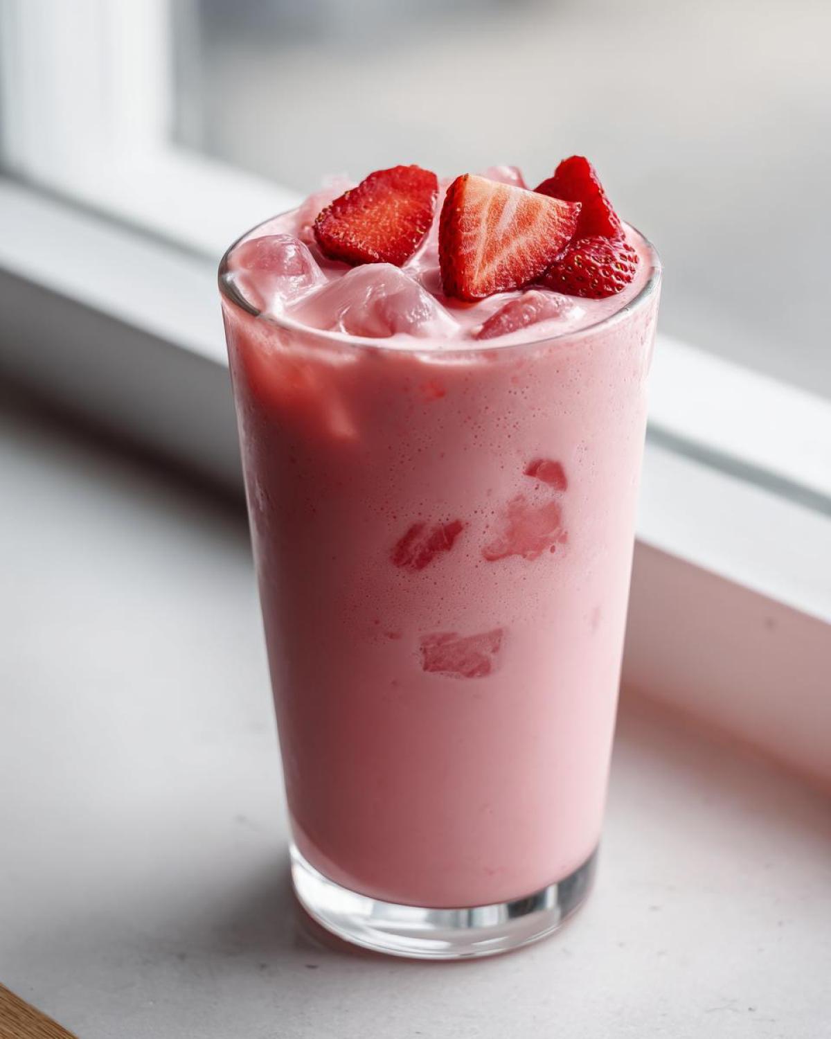 A tall glass of creamy pink drink, topped with ice and fresh strawberry slices, resembling the Copycat Starbucks Pink Drink.