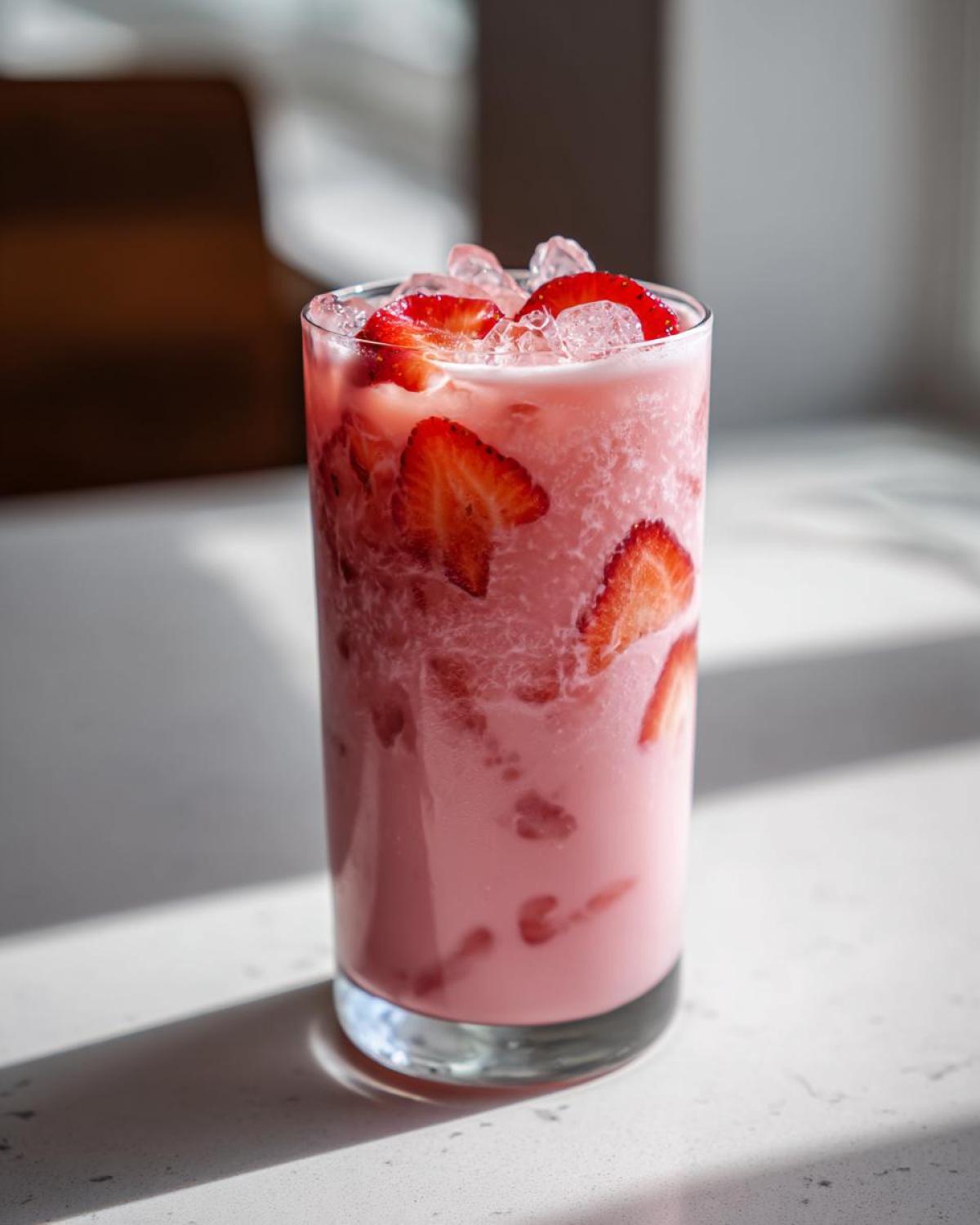 A tall glass filled with a creamy pink beverage, ice, and sliced strawberries, representing the Copycat Starbucks Pink Drink.