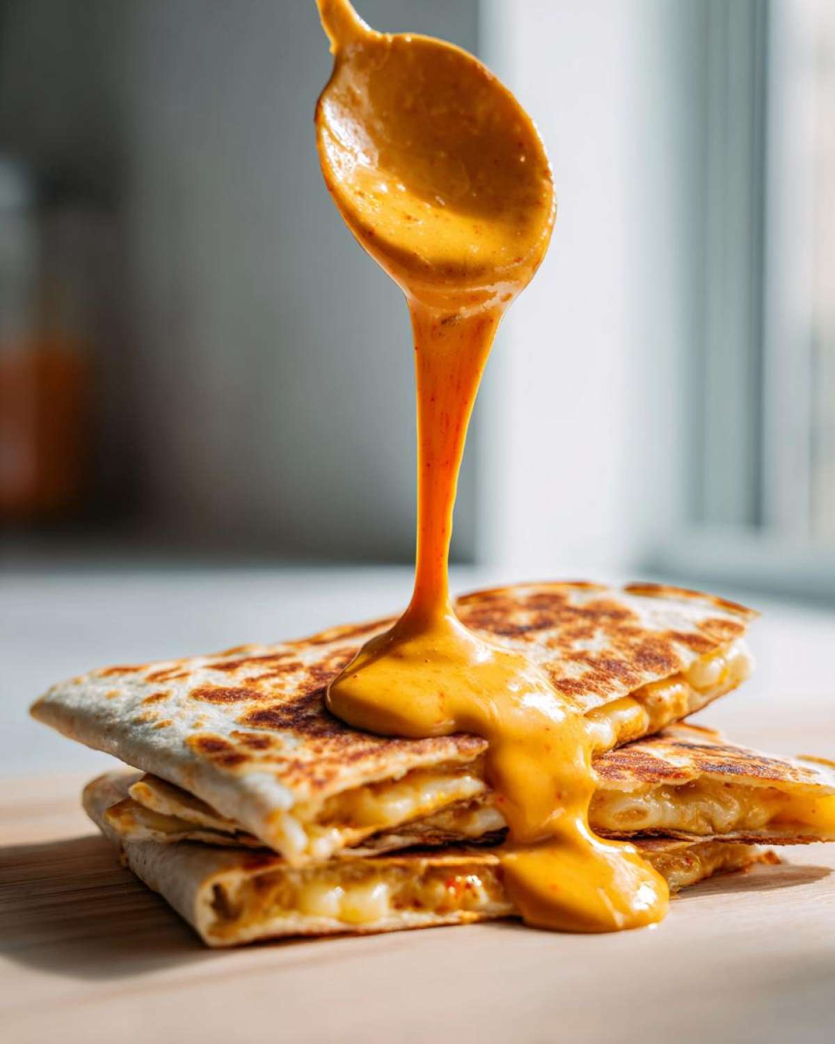 A spoonful of orange Copycat Taco Bell Chicken Quesadilla Sauce is drizzled over stacked, grilled quesadilla wedges.