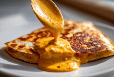 A spoonful of creamy orange Copycat Taco Bell Chicken Quesadilla Sauce being poured over a grilled quesadilla slice.
