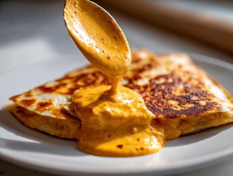 A spoonful of creamy orange Copycat Taco Bell Chicken Quesadilla Sauce being poured over a grilled quesadilla slice.