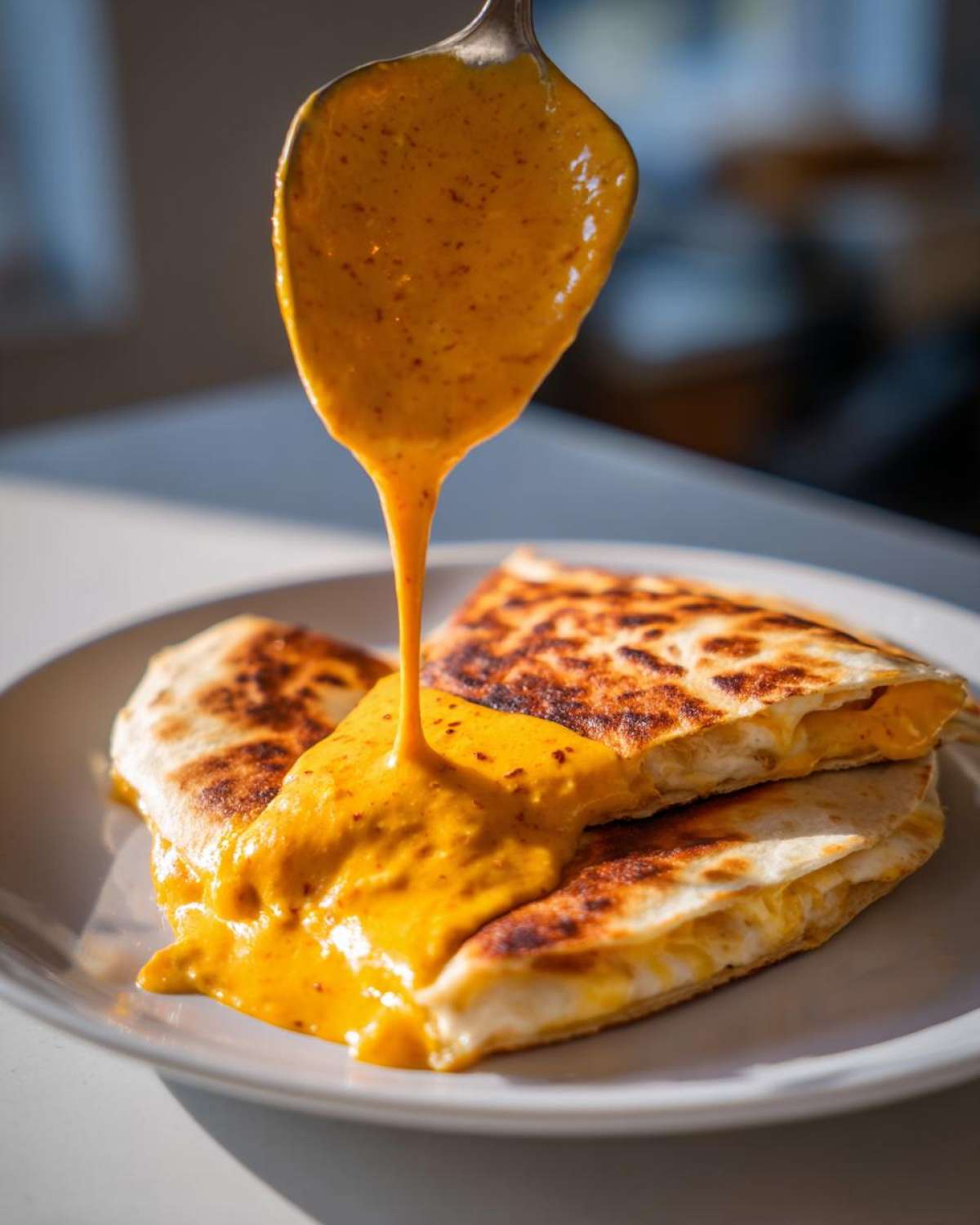 A spoonful of rich, orange Copycat Taco Bell Chicken Quesadilla Sauce being poured over grilled cheese quesadilla wedges.